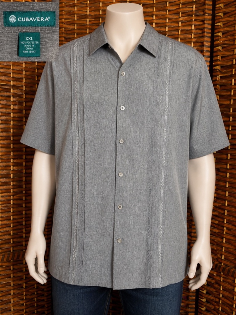 Cubavera Men’s XXL Gray Embroidered Button Up Shirt Guayabera Style Resort